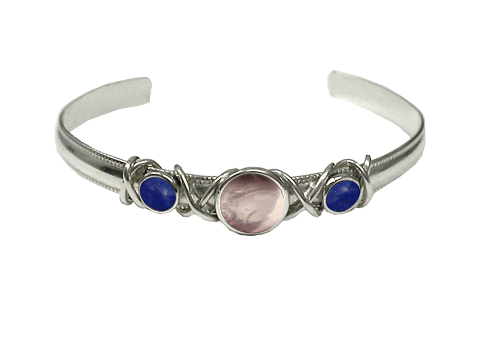 Sterling Silver Hand Made Cuff Bracelet With Rose Quartz And Lapis Lazuli